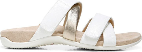 White and gold slide sandal with two straps.