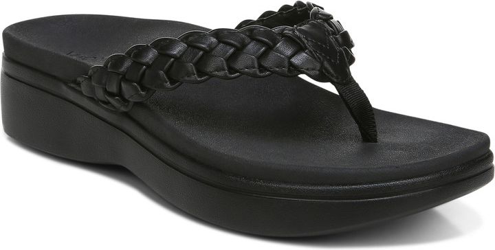 Black platform sandal with braided upper and toe post.