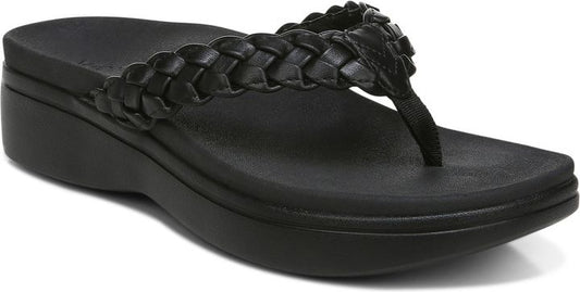 Black platform sandal with braided upper and toe post.