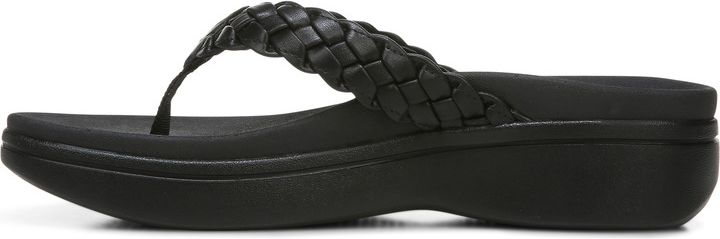 A black wedge sandal with a braided strap.