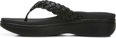 A black wedge sandal with a braided strap.