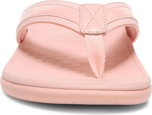 Front view of a pink sandal with toe thong and strap.