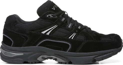 Black suede and mesh walking shoe with black sole and side stripes.