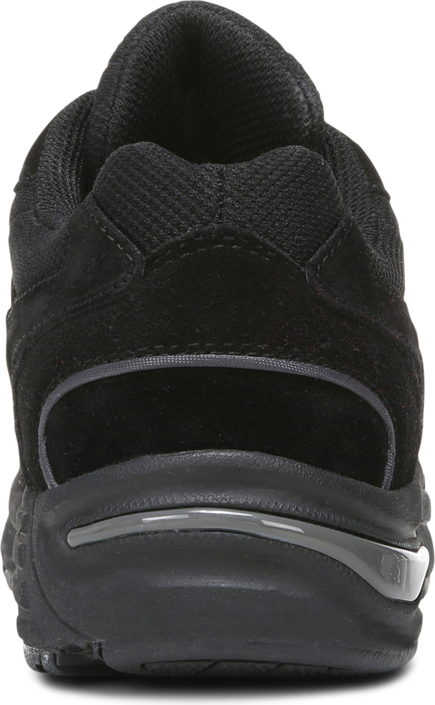Black running shoe rear view, showing layered materials and gray accents.