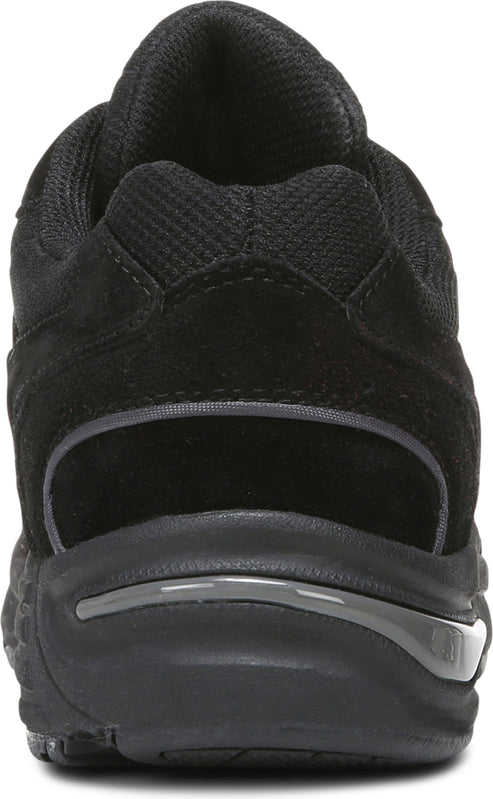 Black running shoe rear view, showing layered materials and gray accents.