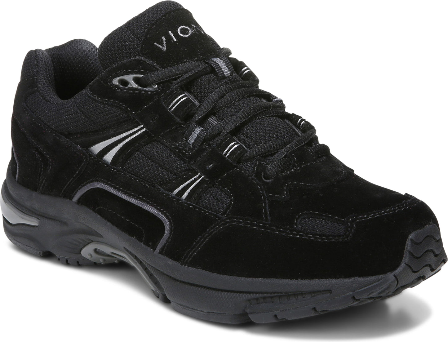 A black athletic shoe with a lace-up closure, suede and mesh upper, and VIONIC printed on the side.