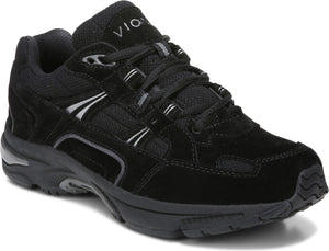 A black athletic shoe with a lace-up closure, suede and mesh upper, and VIONIC printed on the side.