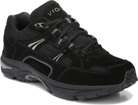 A black athletic shoe with a lace-up closure, suede and mesh upper, and VIONIC printed on the side.