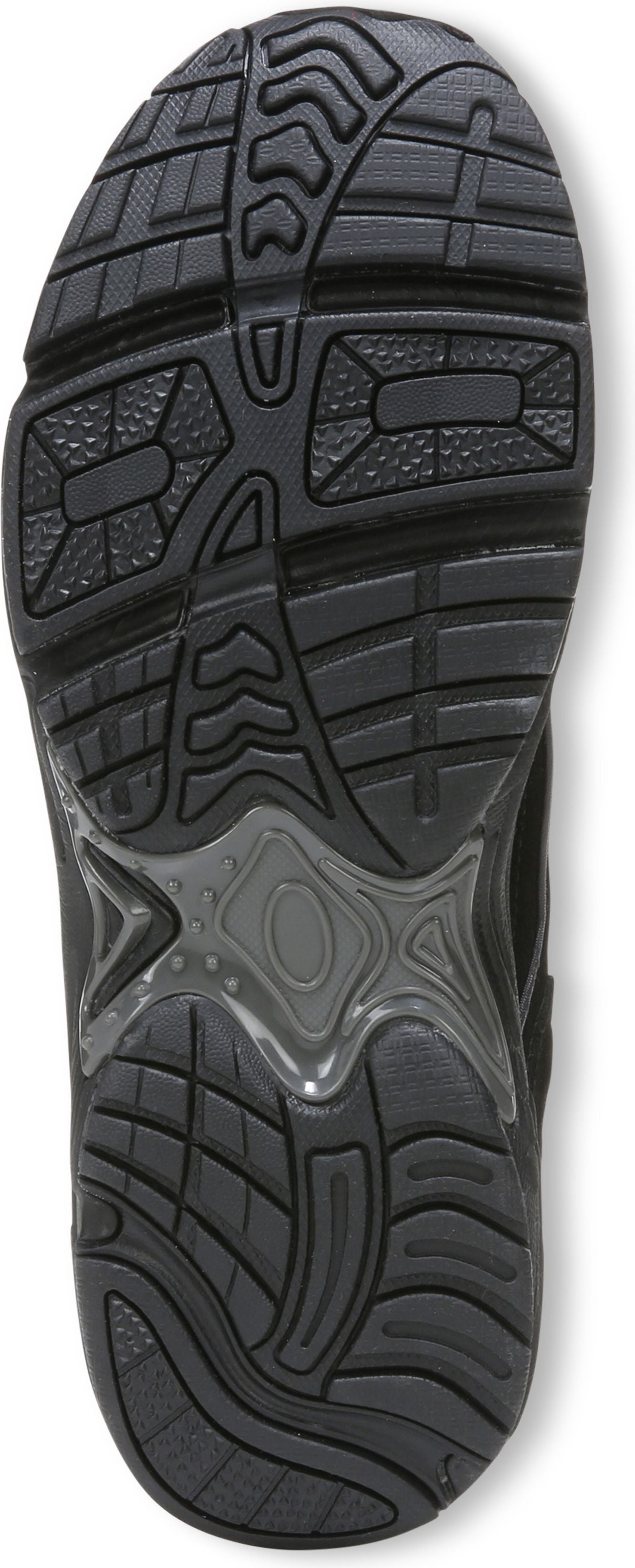 Close-up of a black shoe sole with a complex tread pattern.