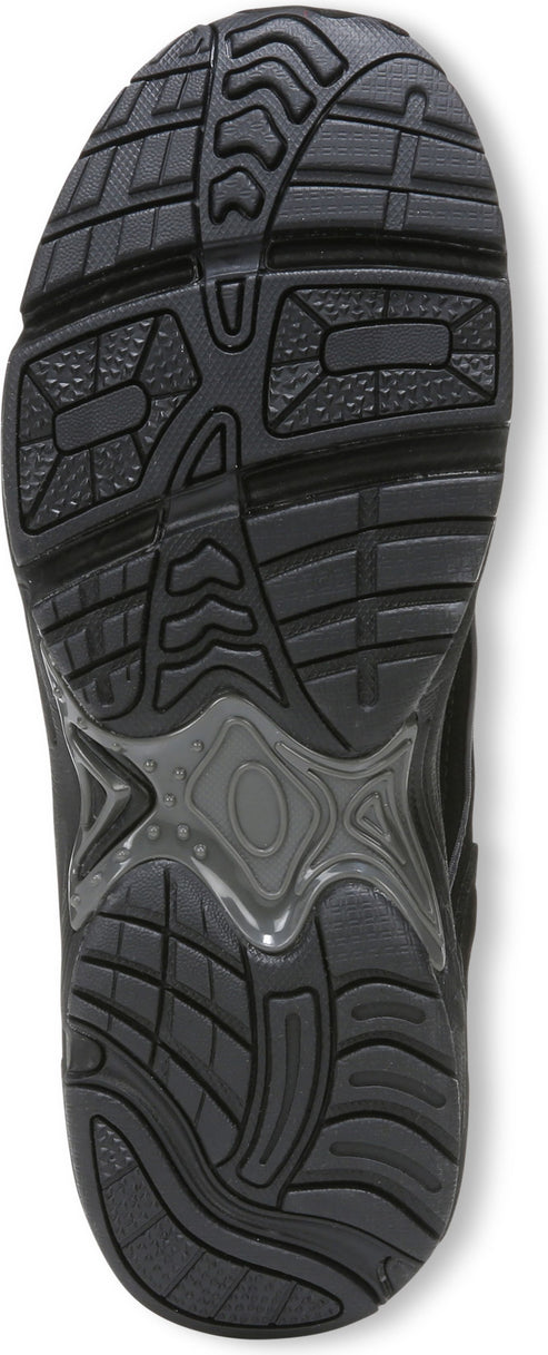 Close-up of a black shoe sole with a complex tread pattern.