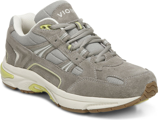 Low-top athletic shoe featuring a suede and mesh upper in gray with white accents, lace-up closure, and off-white rubber sole.