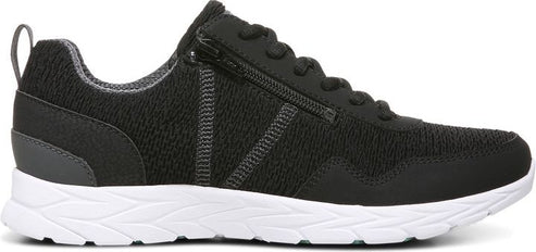 A black sneaker with a zipper and white sole.