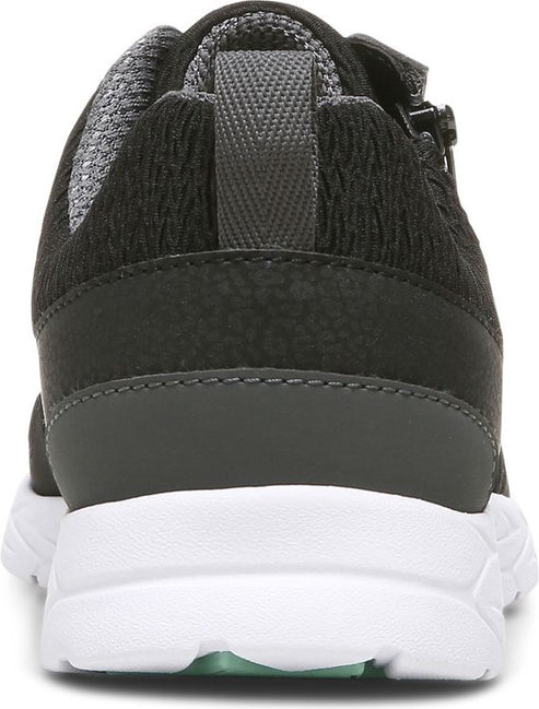 Rear view of black sneaker with white sole and gray mesh accents.