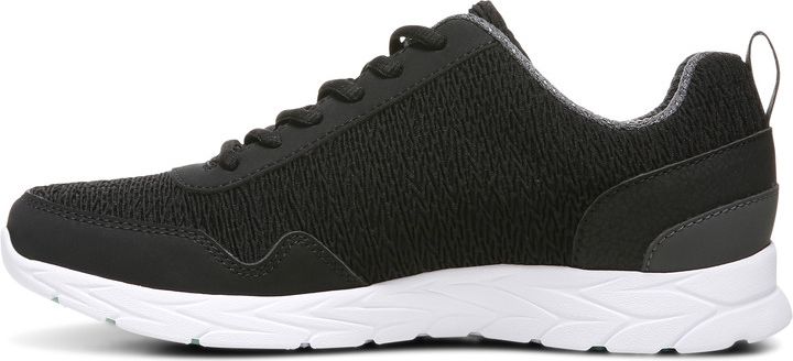A black sneaker with white sole.