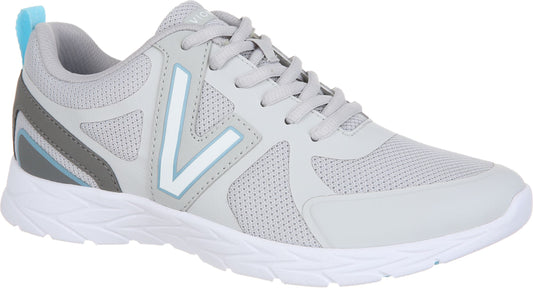 Light gray athletic shoe with a white sole and a gray, white, and light blue accent on the side and back.