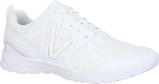 White sneaker with large V logo and white laces.