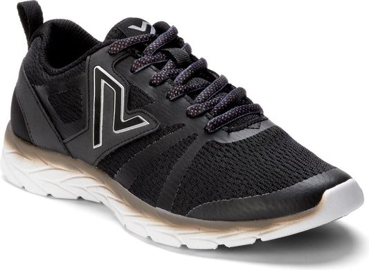 Black athletic shoe with a white and grey sole and patterned laces.