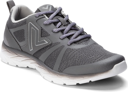 Gray athletic shoe with white sole and gray laces.
