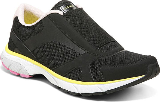 Black slip-on athletic shoe with mesh and velcro strap.