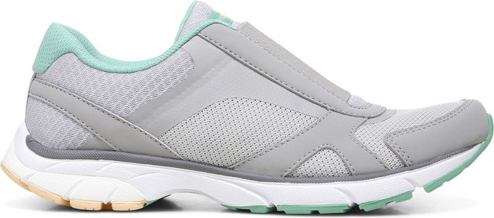A gray slip-on sneaker with a white midsole and light-green accents.
