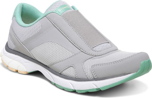 Gray slip-on sneaker with mesh and mint green trim, white and tan sole.