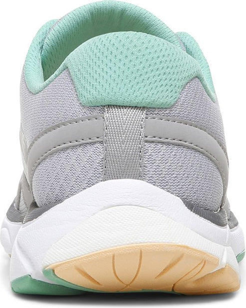 Back view of a gray sneaker with white midsole and light green mesh interior.