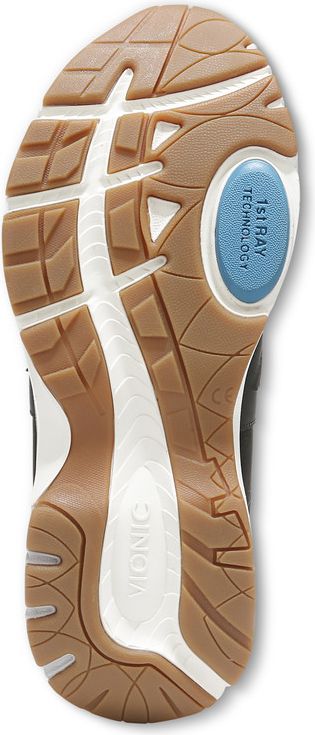 The outsole of a shoe with a brown, white, and blue design.