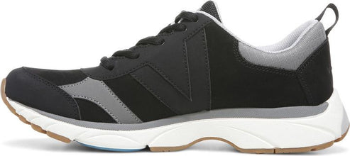 A running shoe in black with gray trim and a white midsole.
