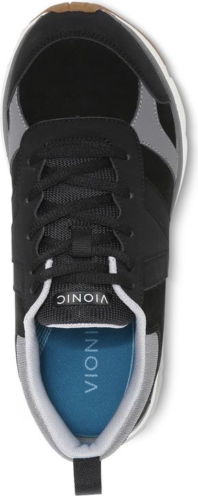 A top-down view of a lace-up athletic shoe with a black upper, gray accents, and a visible insole with the text "VIONIC".