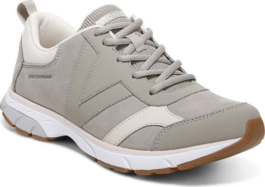 Light gray waterproof walking shoe with a white sole and beige accents.