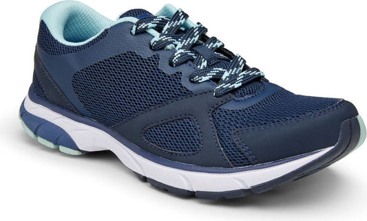 A navy blue running shoe with a white and navy sole and light blue lining.