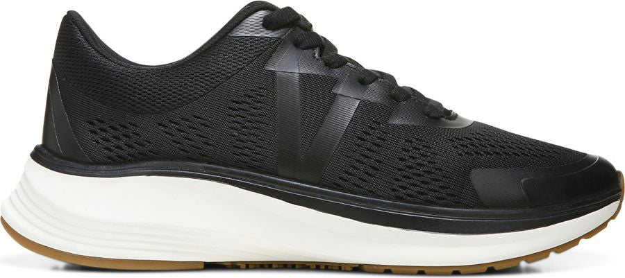 A black running shoe featuring a mesh upper, white midsole, and brown outsole.