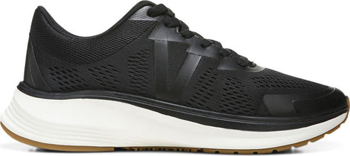 A black running shoe featuring a mesh upper, white midsole, and brown outsole.