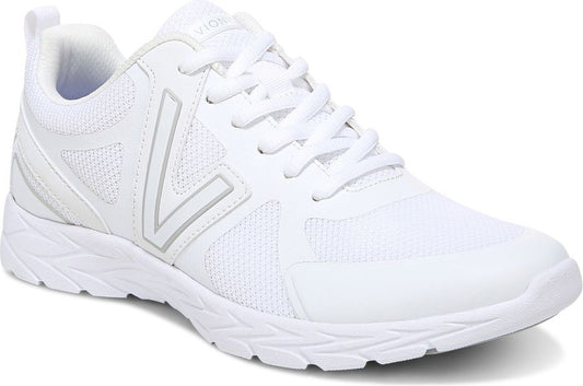 White running shoe with mesh upper and lace-up closure.