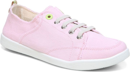 Pink canvas sneaker with white sole and laces.
