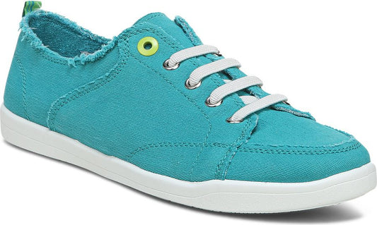 Teal canvas sneaker with white laces and sole.