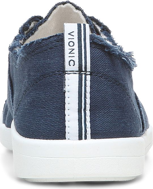 Back view of a navy-blue canvas shoe with a white VIONIC-labeled heel and a white sole.