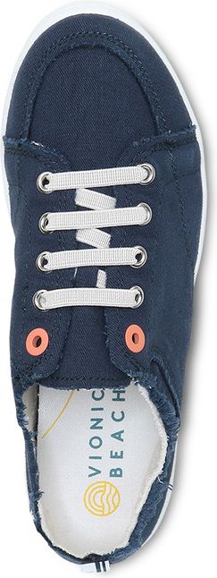 A low-top, dark-blue casual canvas shoe with white laces.