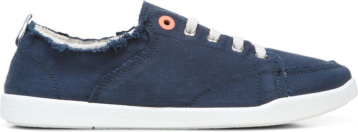 A dark blue canvas casual shoe with white sole and laces.