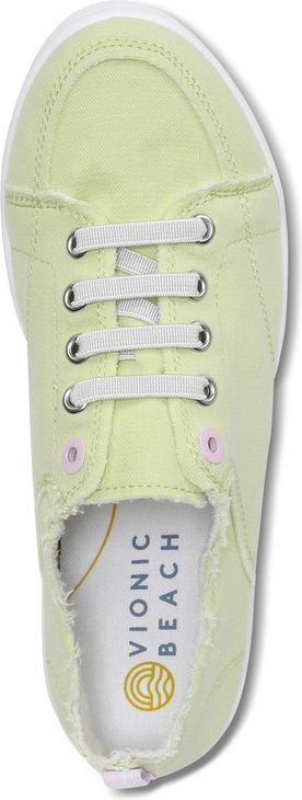 A top-down view of a green sneaker with white laces.