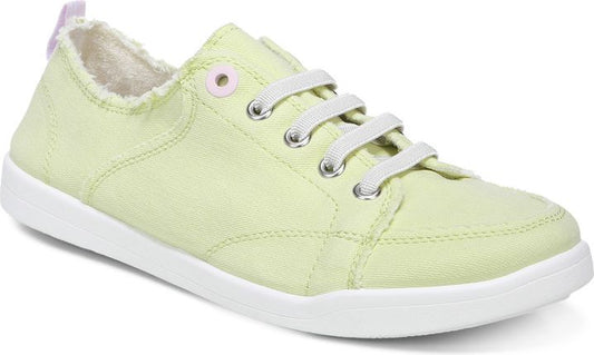 Low-profile, light-green canvas sneaker with white laces and sole.