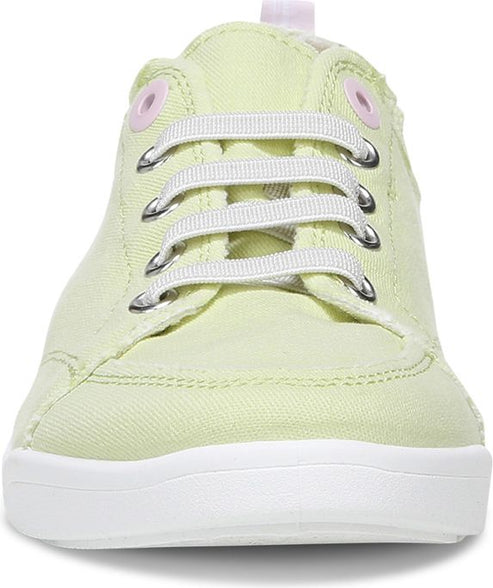 A front view of a light green canvas shoe with white laces and sole.