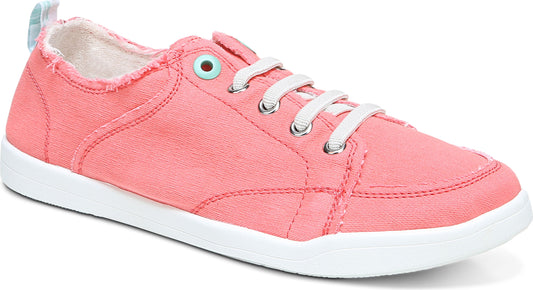 Coral canvas sneaker with white sole and laces, featuring light blue accents.