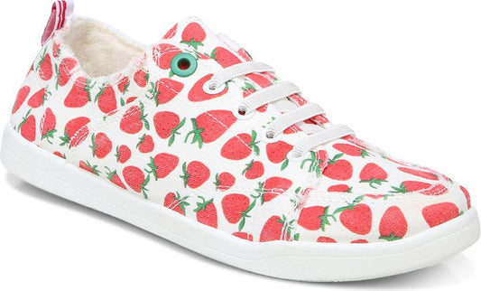 Strawberry print sneaker with white laces and a white sole.