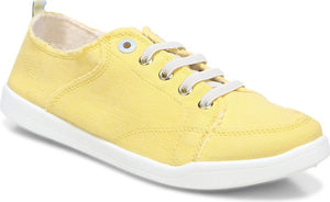 Yellow canvas sneaker with white laces and sole.
