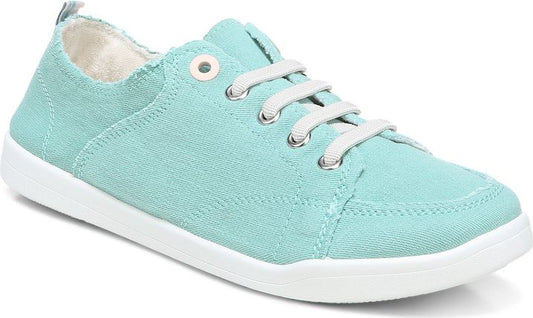 A pair of light blue sneakers with white laces and rubber sole.