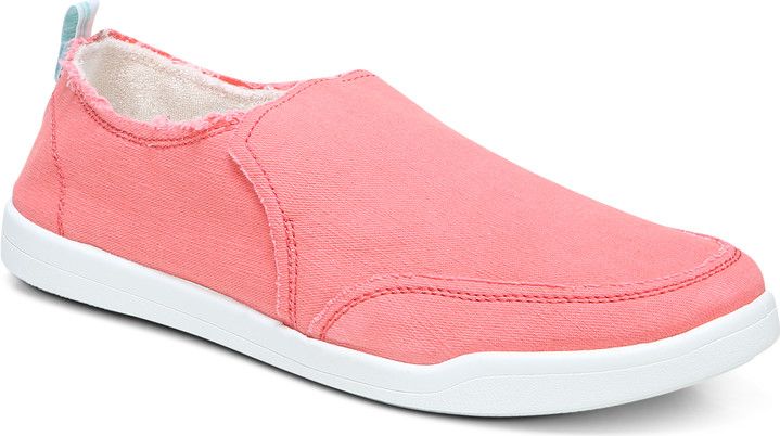 Pink canvas slip-on shoe with white sole.