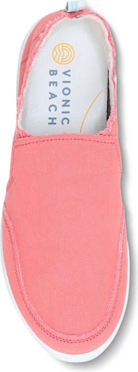 Top-down view of a light red slip-on shoe with white sole and "VIONIC BEACH" printed on the insole.