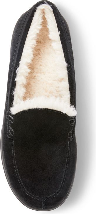 Black loafer with white faux fur lining.