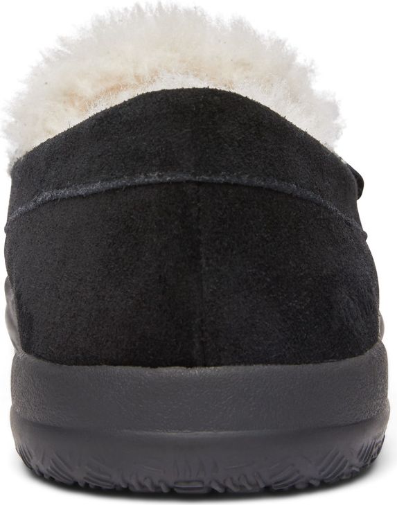 Back view of black suede slipper with faux fur trim.